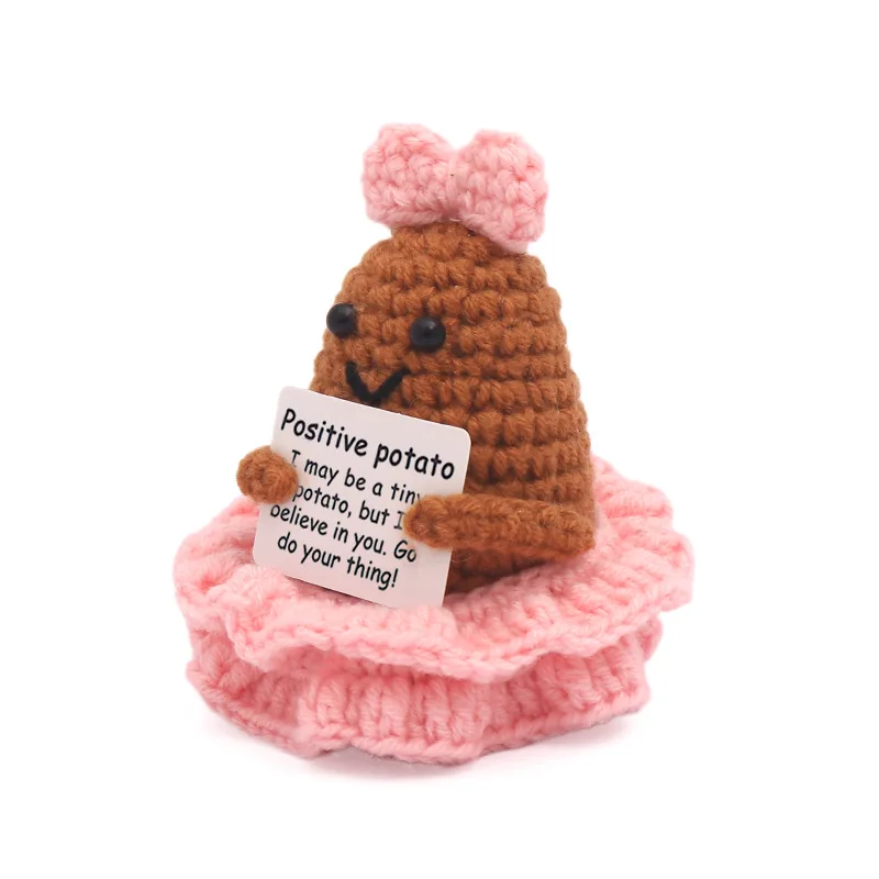 Positive Crochet Potato Princess Doll With Card Desktop Ornament Handmade Knitted Cheer Up Alien Doll Home Christmas Decoration