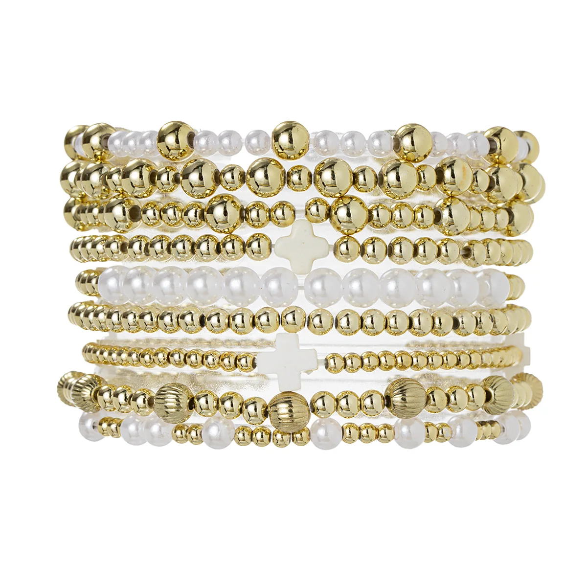 9 Bohemian style cross imitation pearl bracelets with multiple overlapping CCB bead elastic bracelets