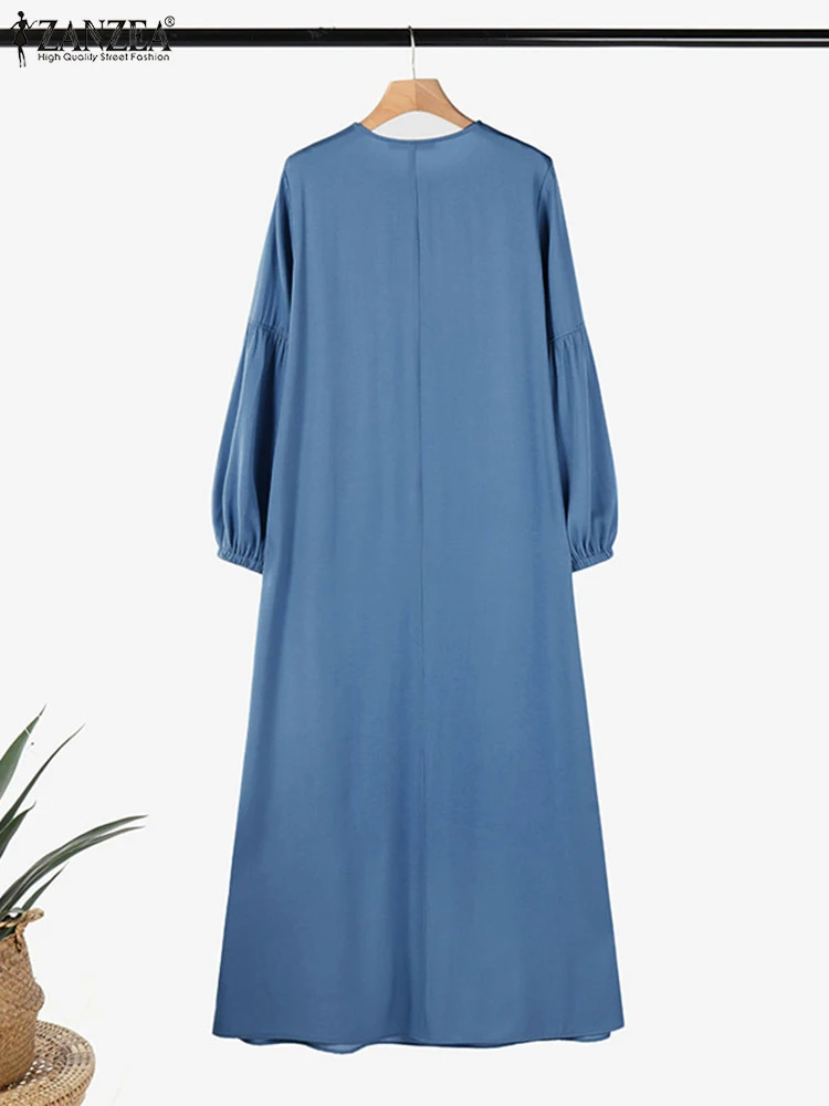 ZANZEA-maxivestido islámico para vacaciones, azul vaquero, holgado, informal, manga acampanada, medio botón, Abaya, Hijab, cuello redondo, Vestidos musulmanes para mujeres