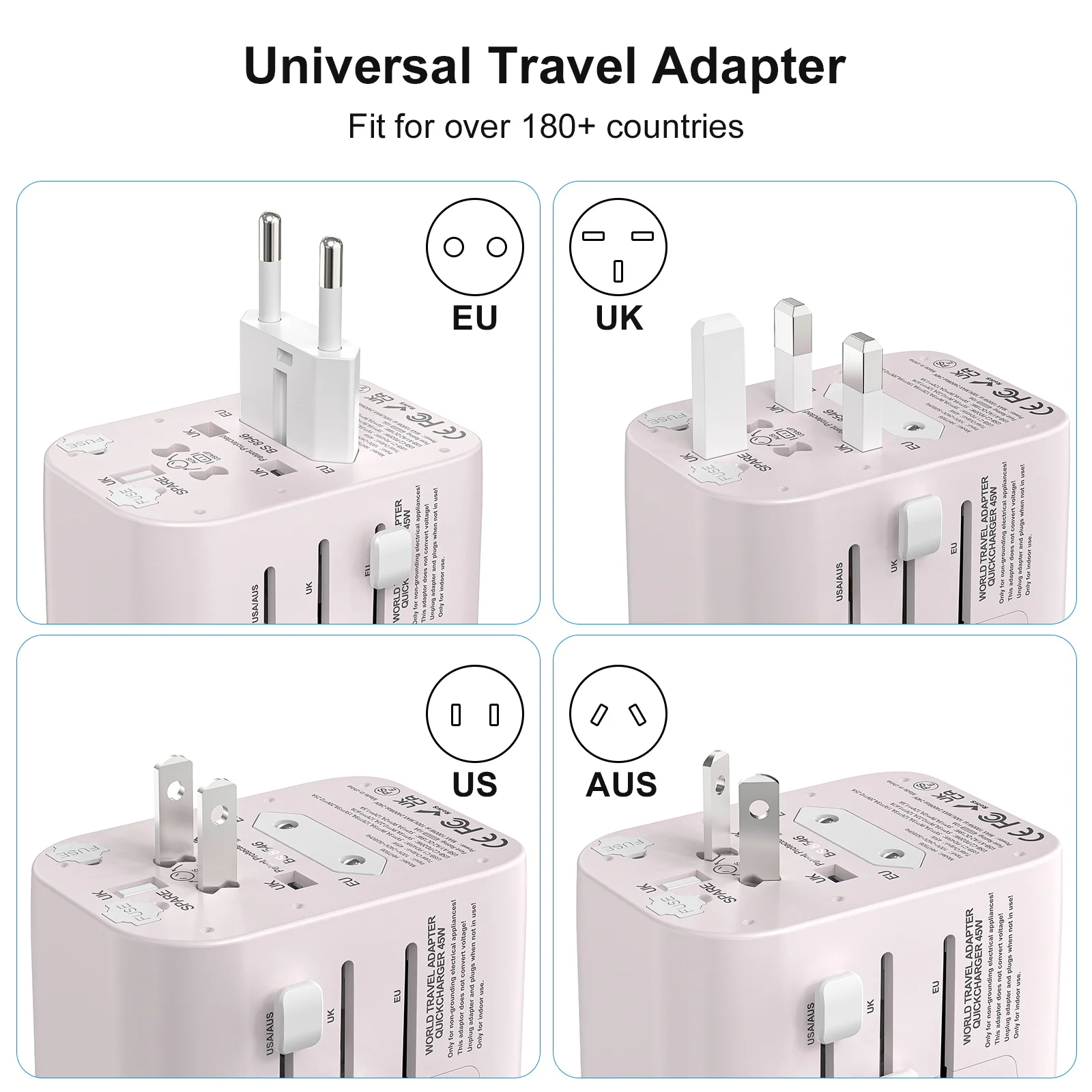HITRENDS 45W GaN International Travel Adapter 2USB and 2 Type C GaN Fast Charging Port Chargers with EU, AU, USA, UK Travel Plug
