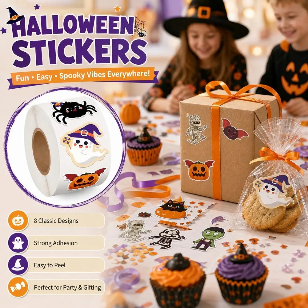 500pcs Halloween Self-Adhesive Cartoon Stickers Roll Coated Paper Easy Peel Multicolor Label For Party Goodie Bag Decor
