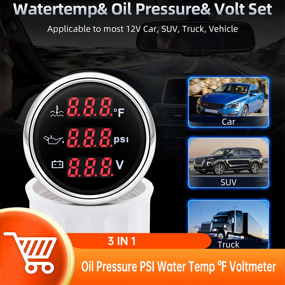

Customized 3 In 1 Multi- Functional Gauge Water Temperature+Oil Pressure+Voltage Boat Car Truck ATV Gauge Red backlight