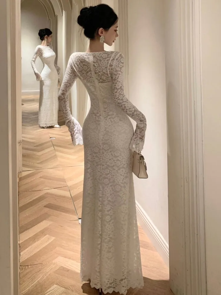 Sexy Lace Two-piece Solid Midi Dress Set Women Long Sleeve O-neck Slim Waist Bodycon Vestidos Autumn New Wedding Party Dresses