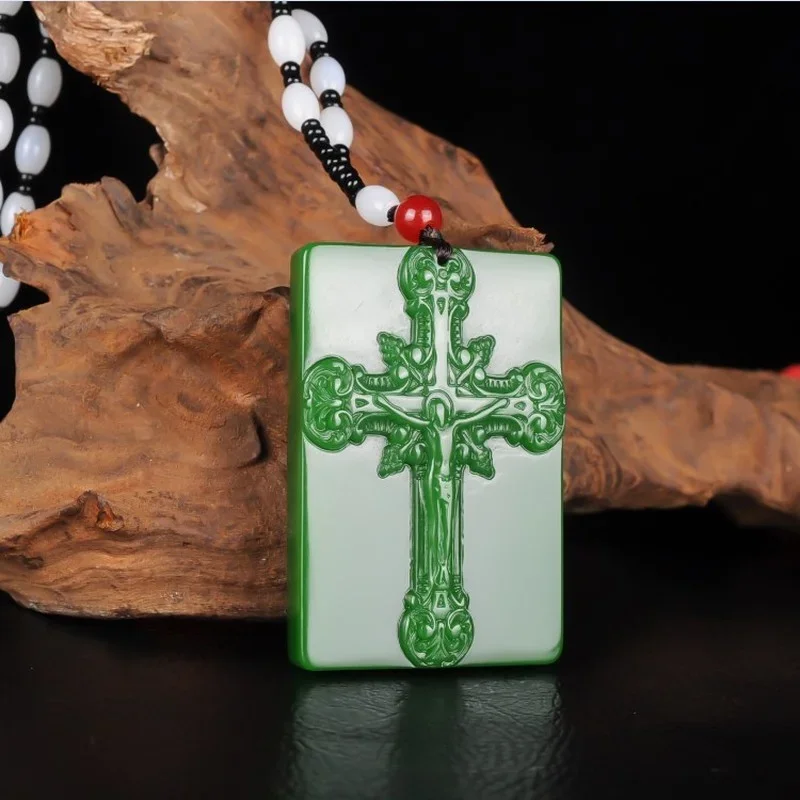 Natural Green Hand-carved Cross Jade Pendant Fashion Boutique Jewelry Men and Women Jesus Cross Necklace Gift Accessories