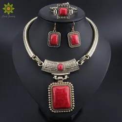 Fashion Turquoises Jewelry Set Retro Ethnic Necklace Set Crystal Rectangle Pendant Women's Elegant Necklace Set