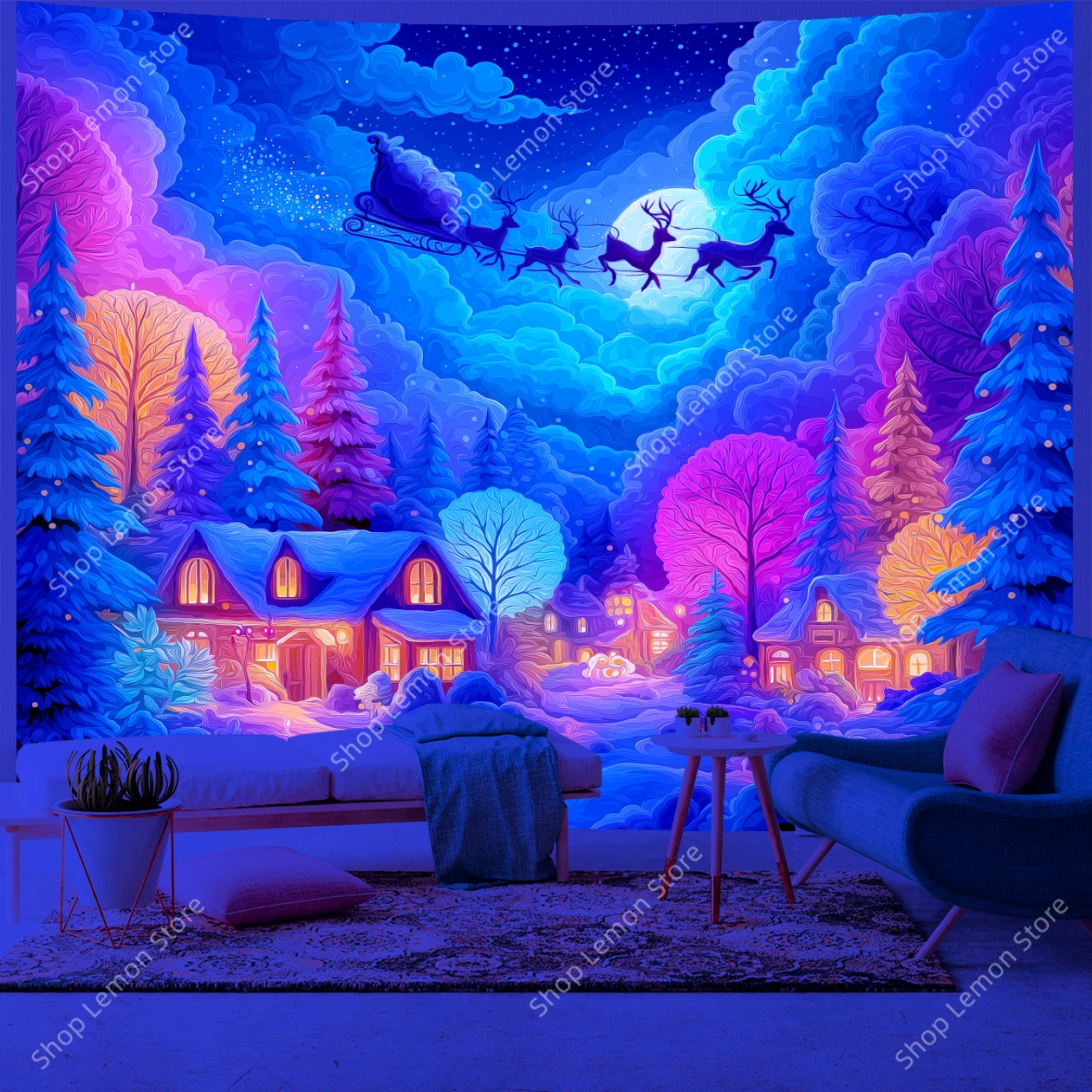 

Яркий ночной сцены Санта-Клауса, саней, УФ-гобелен с красочной снежной дерелой и звездным небом для праздничного декора стен и офиса