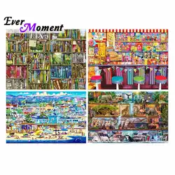 Ever Moment Diamond Painting Kit Full Square Drills Resin Bookshelf Animal Diamond Embroidery Mosaic Cartoon Art Beach ASF2085