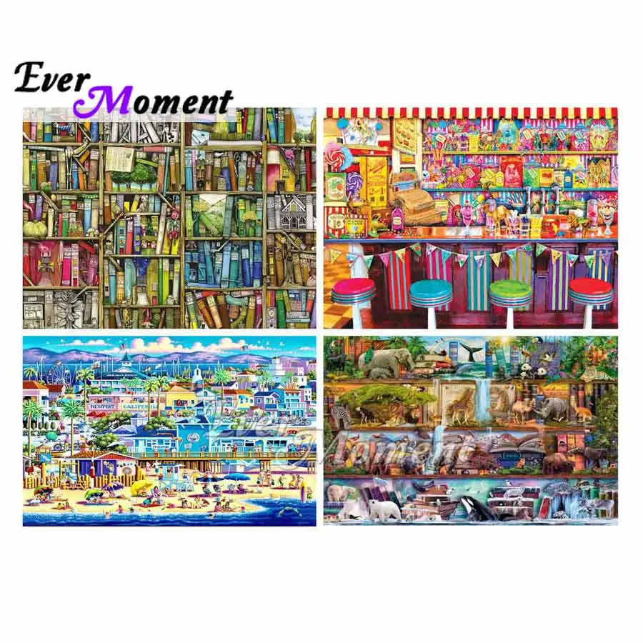 Ever Moment Diamond Painting Kit Full Square Drills Resin Bookshelf Animal Diamond Embroidery Mosaic Cartoon Art Beach ASF2085