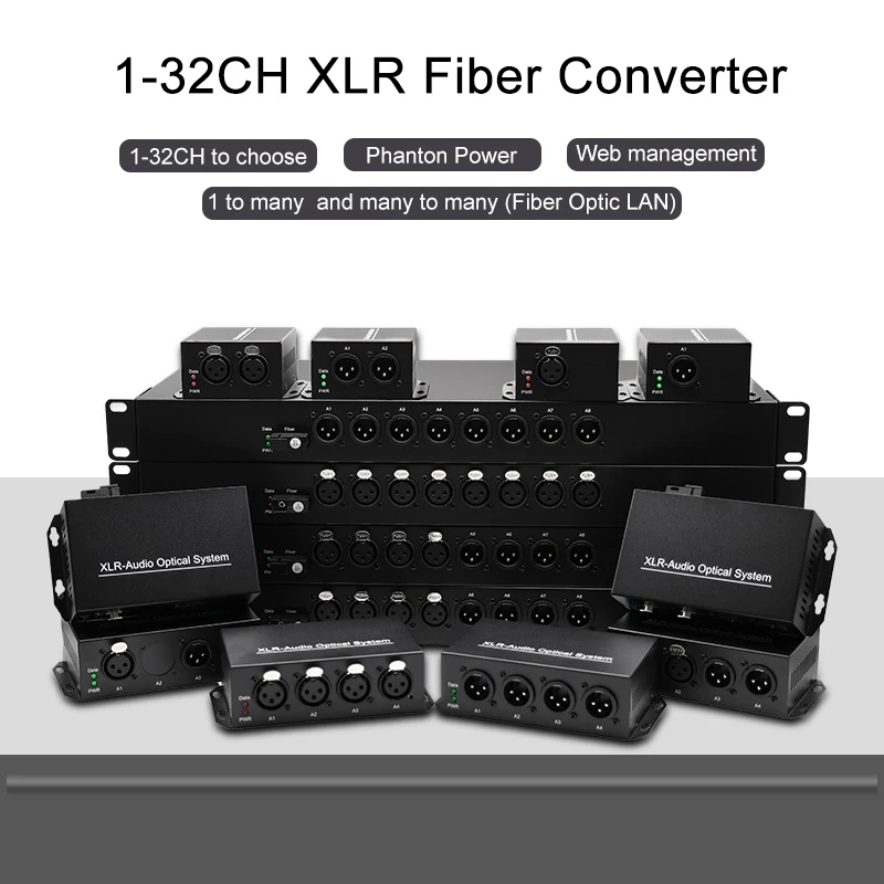 1-8CH Bi-Directional XLR Audio Fiber Optic Converter 8/16/24bit SC/FC 20KM SMF MMF XLR Audio Over Fiber Converter
