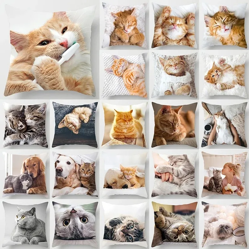 Cute Cat Hug Pillowcase Pet Interactive Illustration Cushion Healing Home Decoration Sofa Pillow