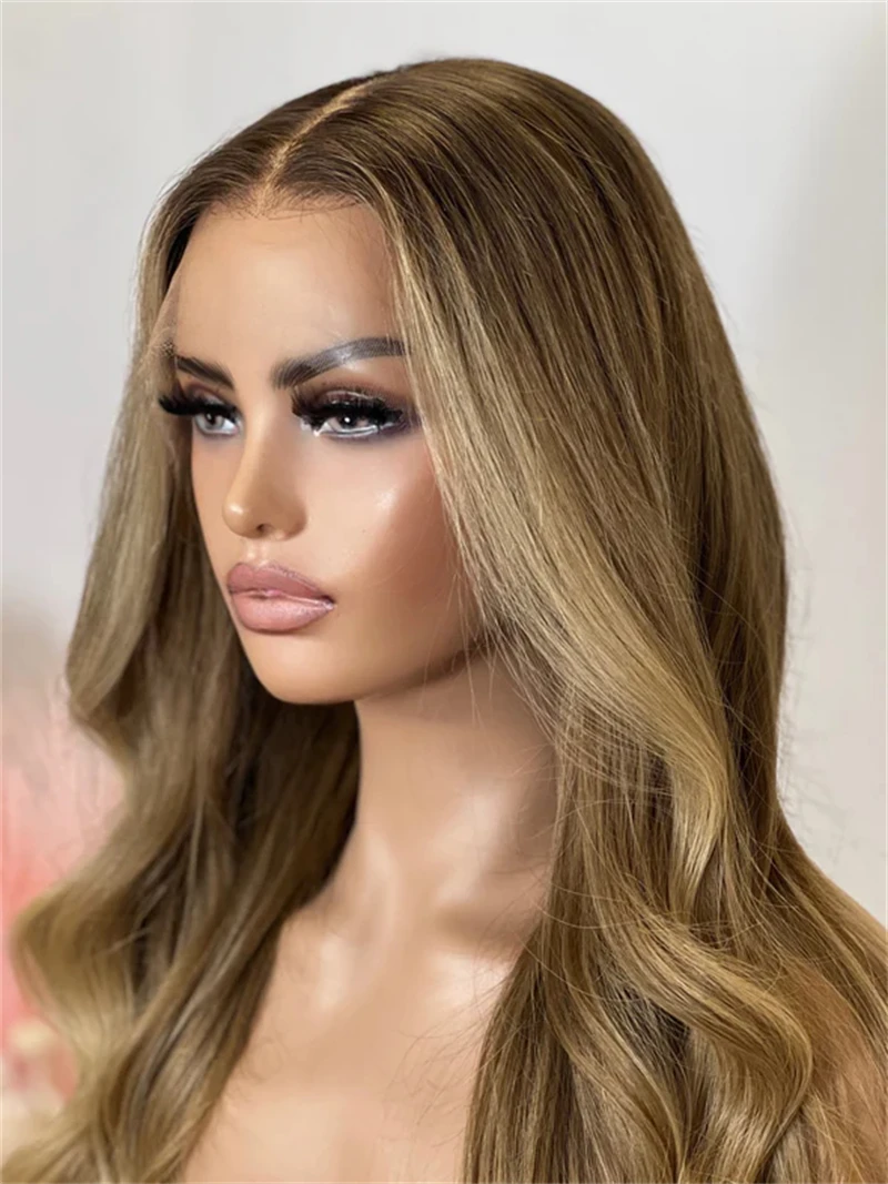 الاصطناعية الدانتيل أمامي الرماد البني مع أشقر فاتح يسلط الضوء على Balayage نظرة 24 بوصة موجات المال قطعة شعر مستعار طبيعي تأثيري