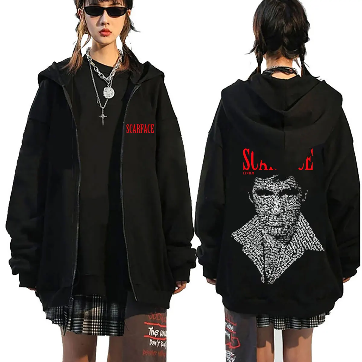 

90s Classic Gangsters Movie Scarface Tony Montana Al Pacino Face Graphic Zipper Hoodie Men Vintage Oversized Zip Up Sweatshirt