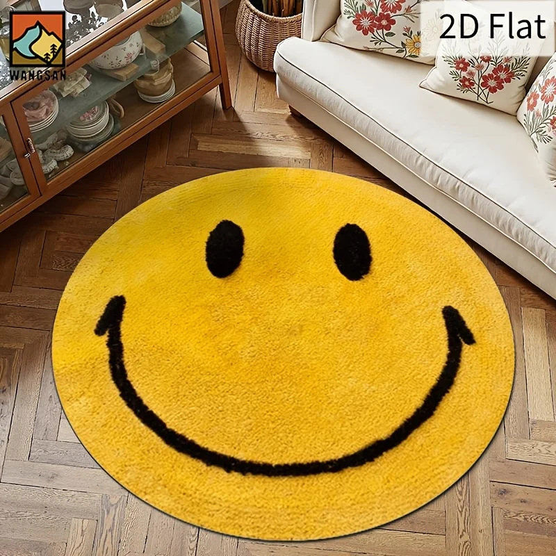 2D Round Flannel Rug Smiley Face Design Soft Floor Mat Home Decor Kids Room Play Area Non Slip Carpet