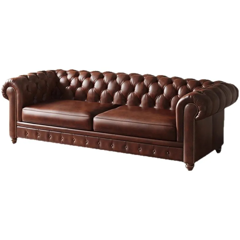 

American, retro, old, pull button, leather, sofa, living room, solid wood