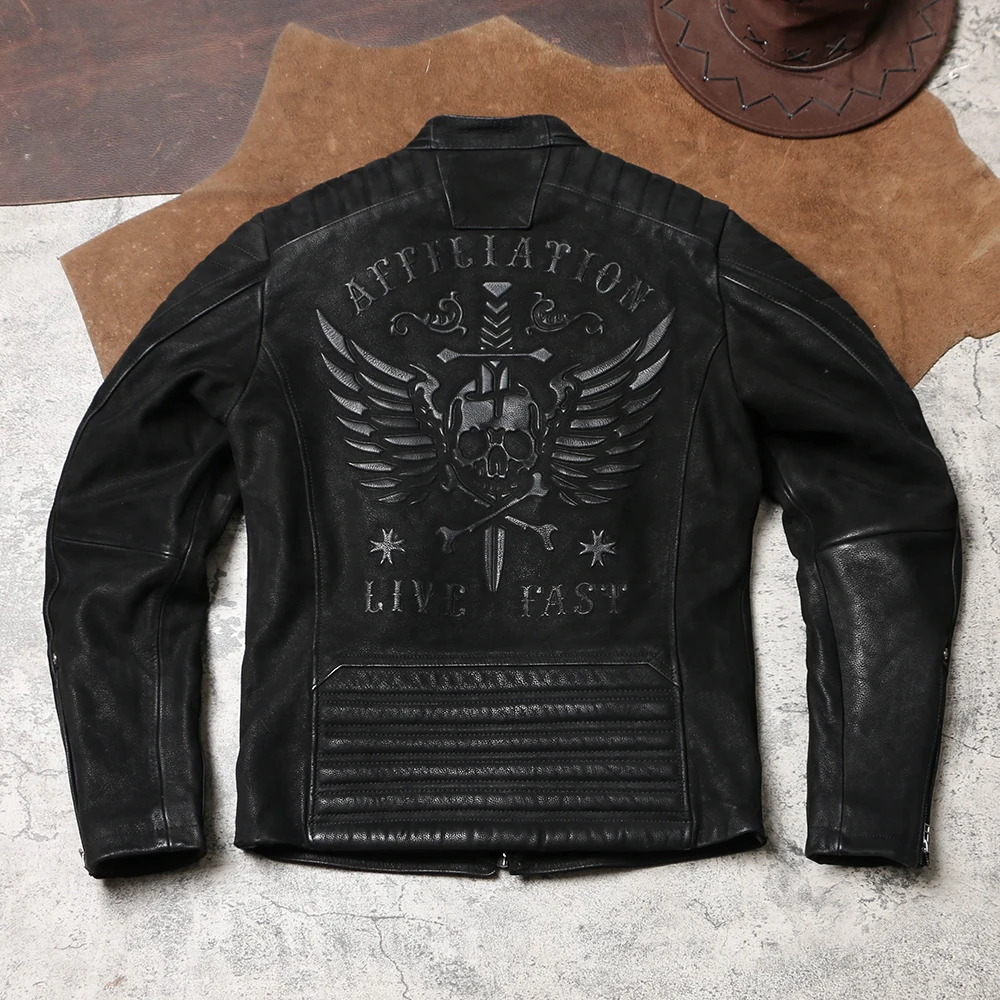 Black Winter Leather Jacket Men Vintage Style Plus Size 5XL Genuine Natural Thick Cowhide Stand Collar Skulls Pattern Coat