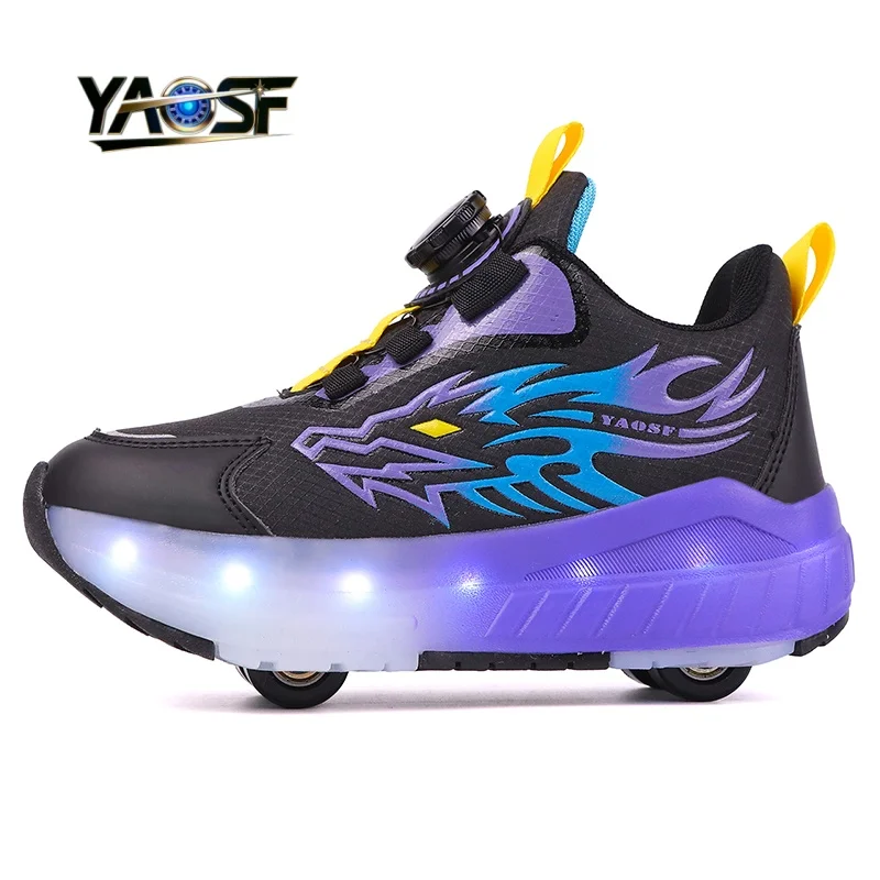 Kids 4-Wheel Shoes, 16 Flashing Light Effects Design LED Light-Up Shoes, Easy Twist-Lock LED Flashing Roller Skates, Outdoor Spo