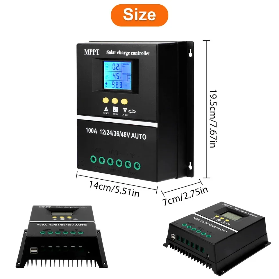 

MPPT Charge Controller 100A 12V 24V 36V 48V Solar Panel Regulator with Large LCD Screen Wide Pitch Wiring and Auto Detection