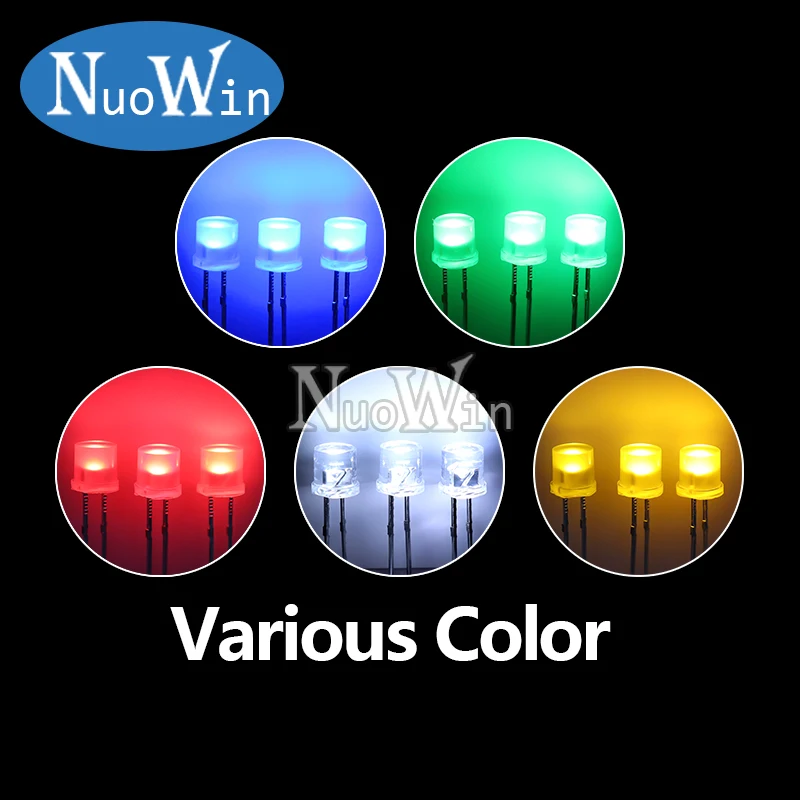 100pcs/Lot 5MM Flat Top LED F5 White Red Yellow Blue Green Assorted Kit Lamp Ultra Bright Bulbs Light Emitting Diode