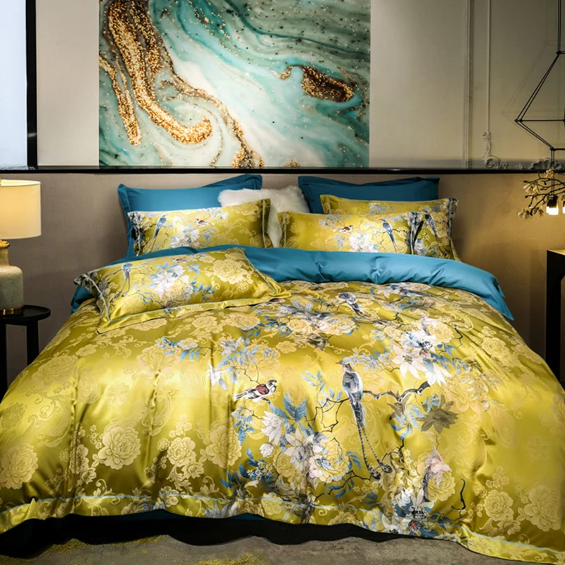 Luxury American Satin Jacquard Cotton Flowers Bird Bedding Set Duvet Cover Bed Sheet/Fitted Sheet Pillowcases 4Pcs