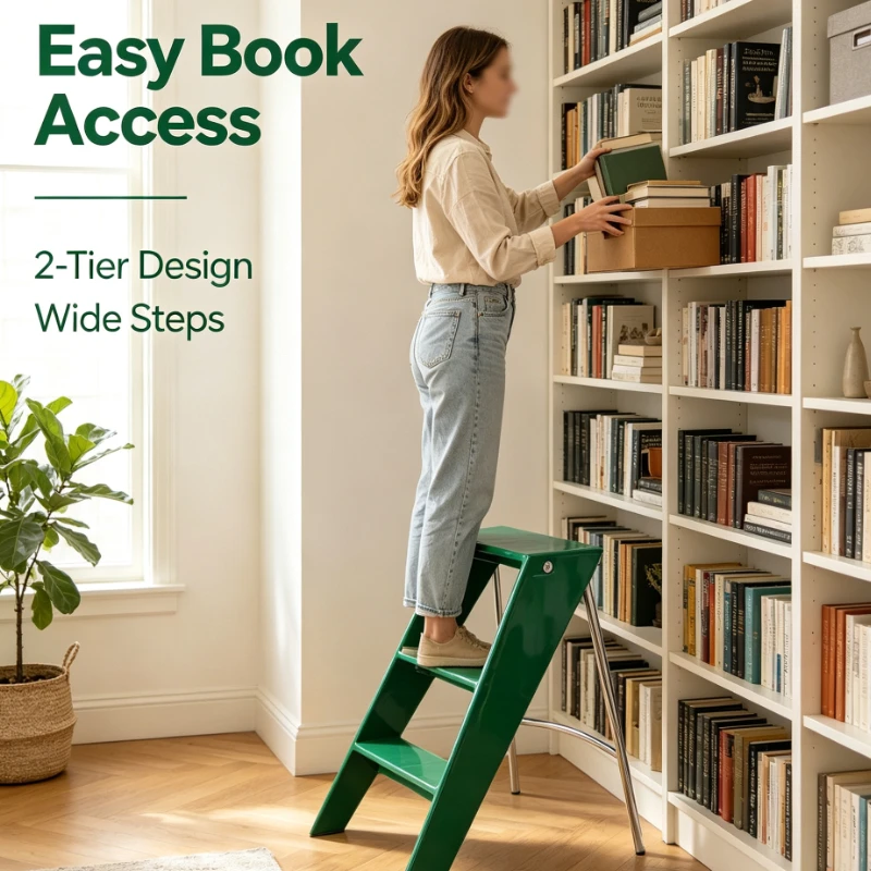 Glossy Green Metal Step Ladder With Chrome Support Legs For Modern Home And Office Elevated Task Performance