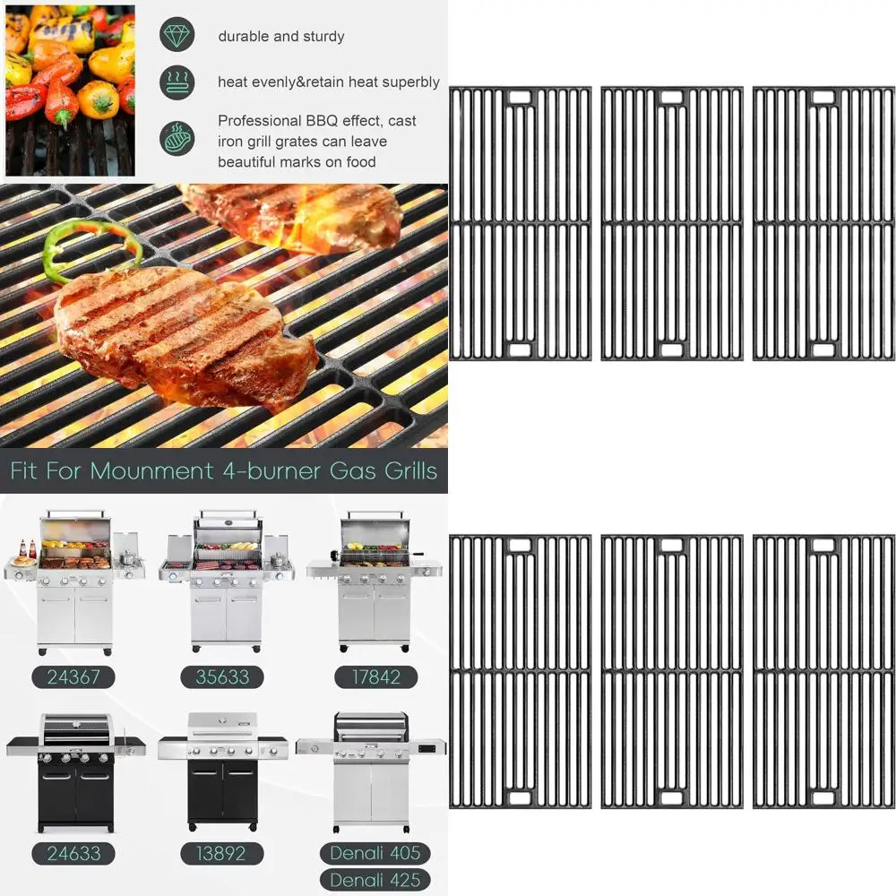 

17 Cast Iron Grill Grates, 3-Piece Cooking Grids Replacement for Gas Grills