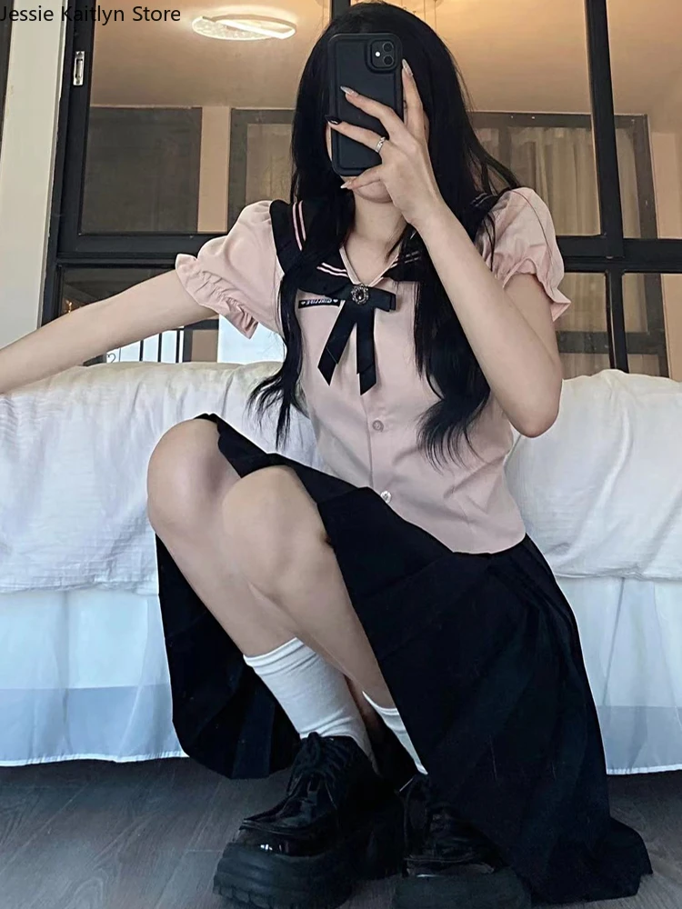 Japanese Kawaii Student Girl JK Uniform Korean Sweet Cute Cosplay Sailor Outfit Vintage Pink Shirt and Mini Pleated Skirt Sets