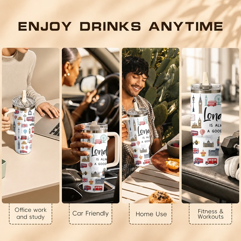 Urban Design Vacuum Flasks 40oz Stainless Steel Tumbler with Handle Straw Lid Vacuum Insulated Double Wall Leak Proof