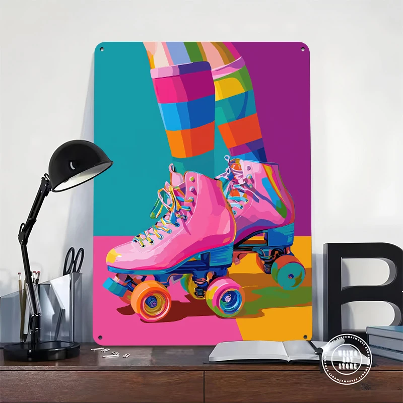 Retro Roller Skates and Striped Socks Printed Poster Customized Wall Art Retro Vintage Metal Tin Signs for Bathroom Decor Room