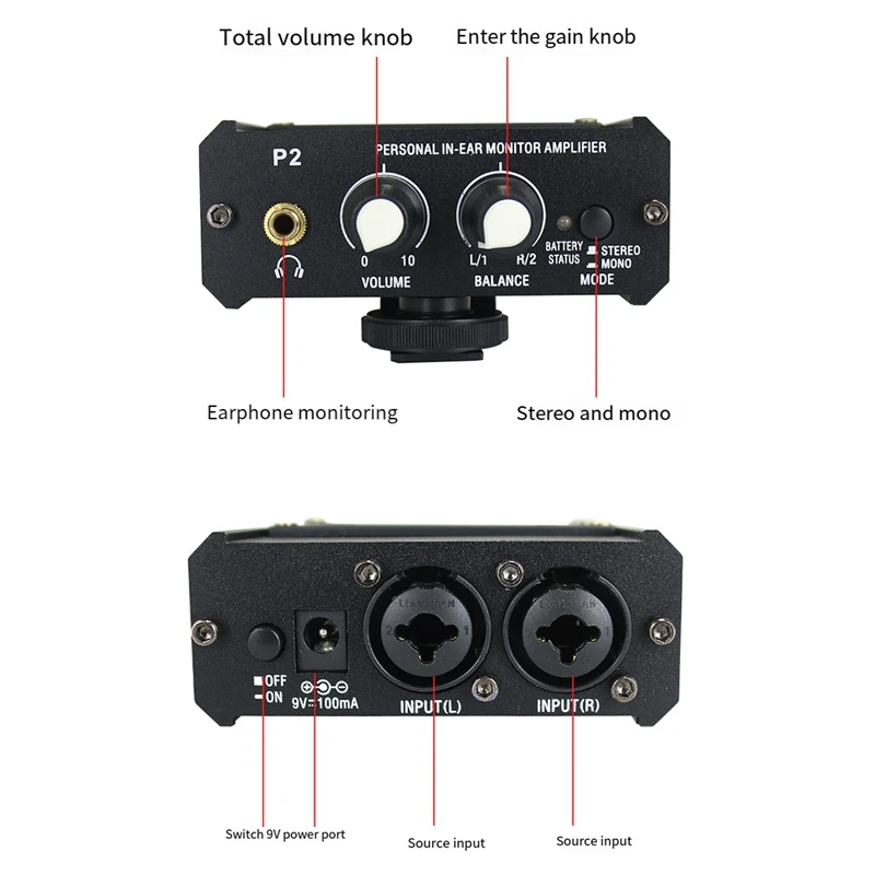 1 szt. Przedwzmacniacz słuchawkowy P2 Monitor słuchawkowy Black Metal nadaje się do mowy/przekaz na żywo wtyczka US