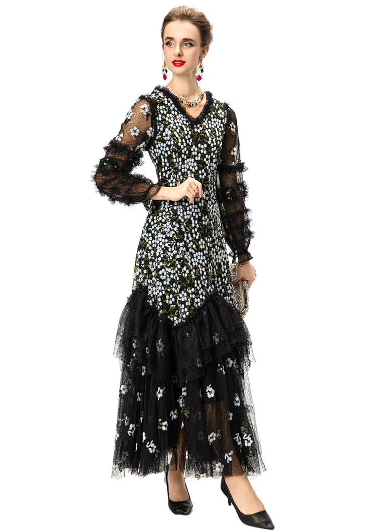 DLDENGHAN 여성용 스팽글 자수 메쉬 맥시 드레스 브이넥 랜턴 슬리브 프릴 우아한 볼 가운 드레스 패션 가을 여성