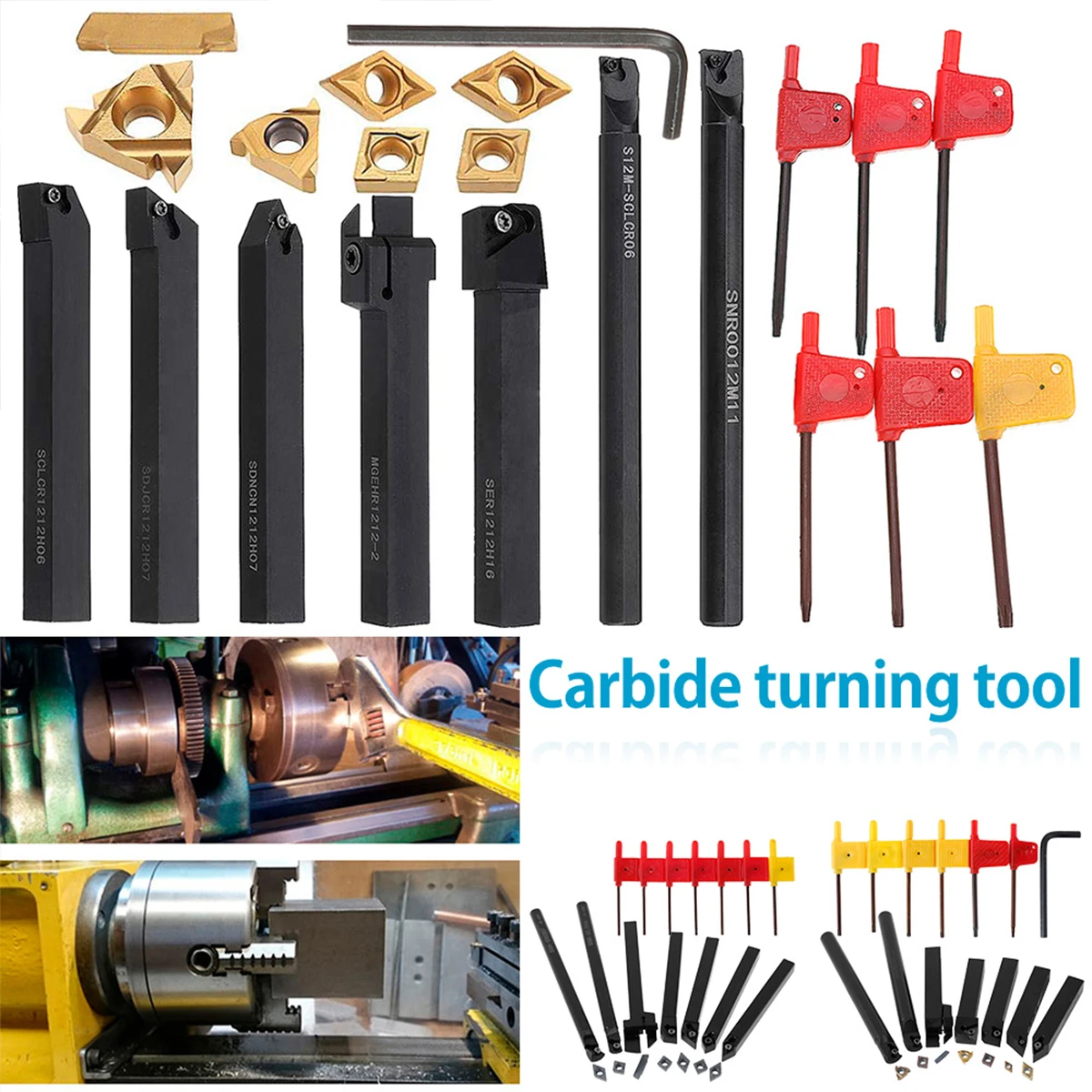 7Sets of 8MM 12MM 16MM CNC Lathe Turning Tool Holder Boring Bar with Applicable Inserts Wrenches Set for Turning Threading