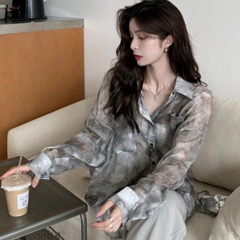 MEXZT Streetwear Tie Dye Shirts Women Harajuku Oversized Sun Proof Blouses Korean Vacation Beach Long Sleeve Sunscreen Tops New