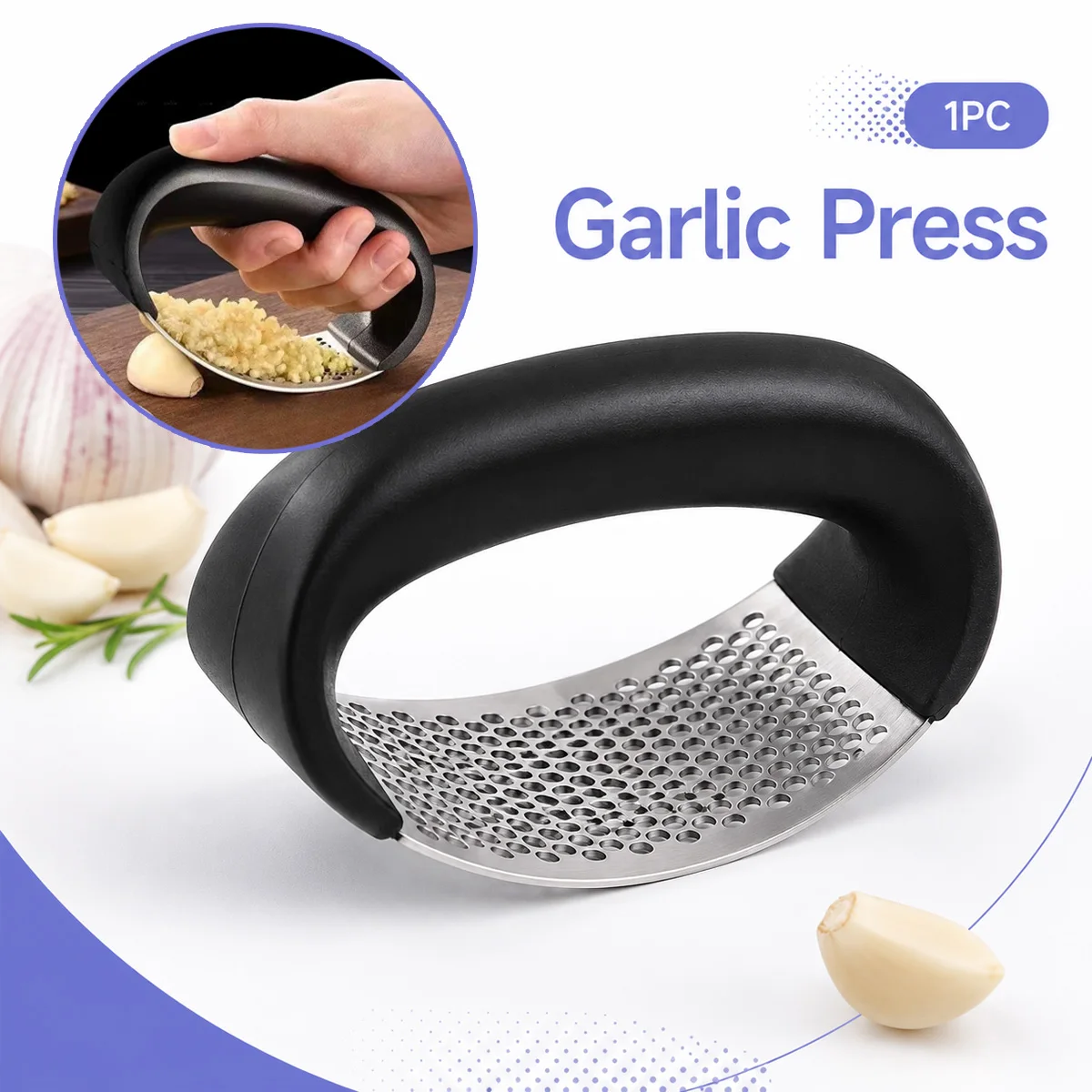 1PC Manual Garlic Press Rocker Stainless Steel Garlic Mincer Crusher Curved Handle Kitchen Tool Easy Clean Food Chopper Home Use
