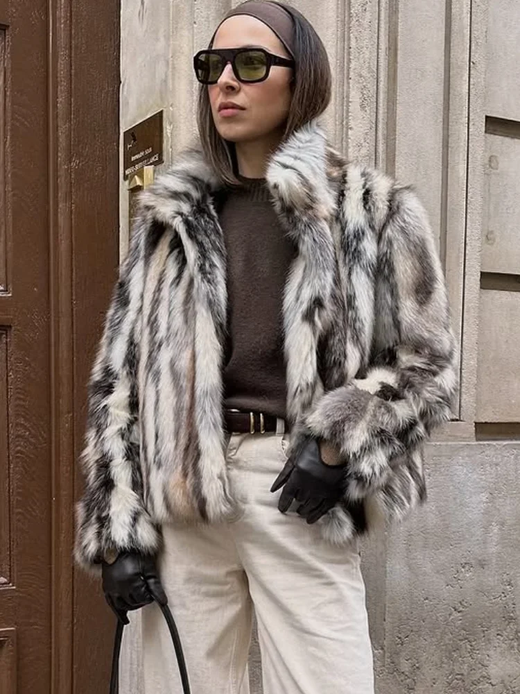 

Striped Print Cropped Fur Coat Women Casual Full Sleeve Lapel Single Breasted Short Padded Coats Lady New Winter High Streetwear