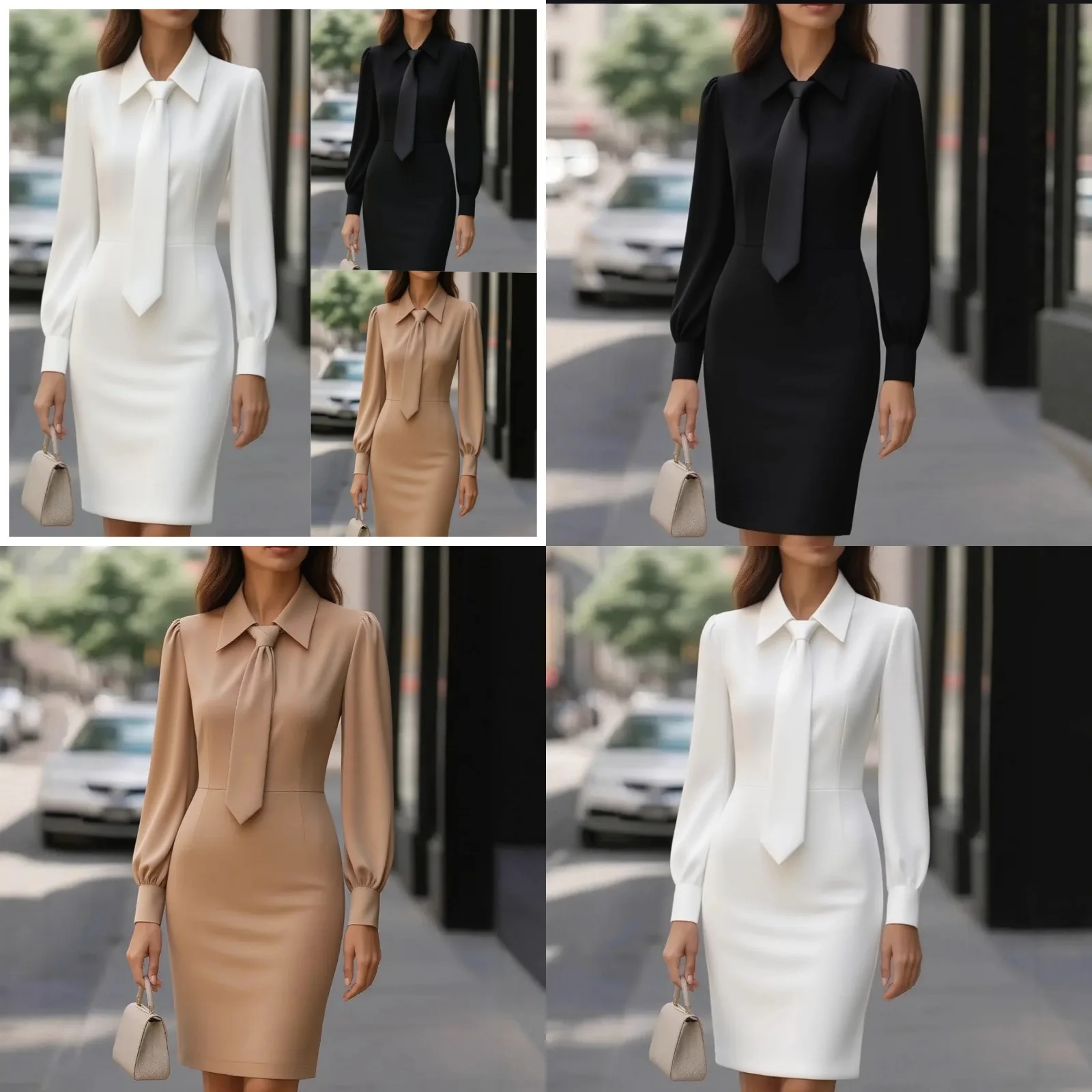 Women Dress Dresses Spring Summer Long Sleeve Tie Waist Solid Color Elegant Blouse Top Matching Set