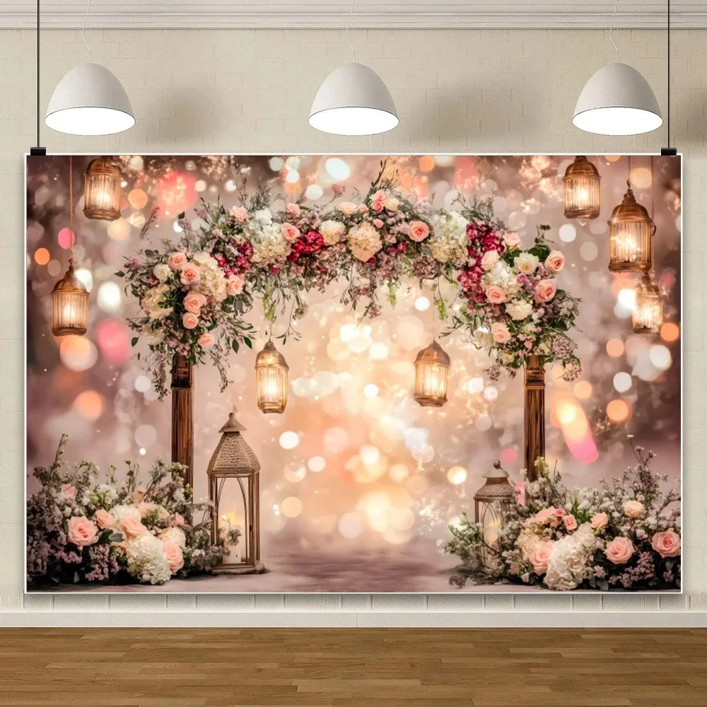 

Romantic Valentine's Day Flower Arch Lantern Theme Party Background, Wedding Engagement Party Decoration Photography Background