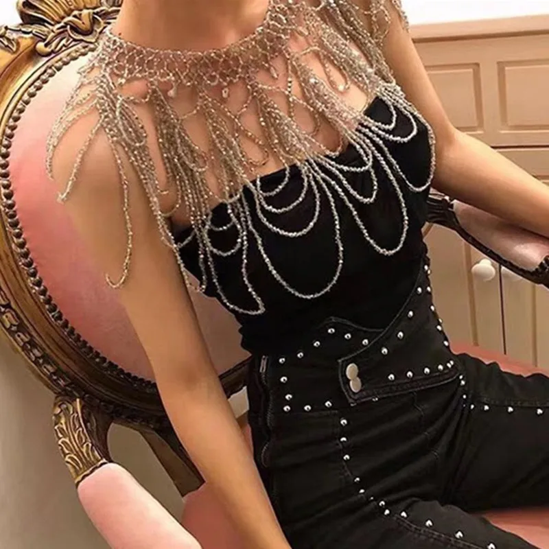 

Luxurious Silver Chain Tassel Decorated Shawl Elegant Collar Design Beaded Crystal Handmade Bridal Dinner Party Shawl