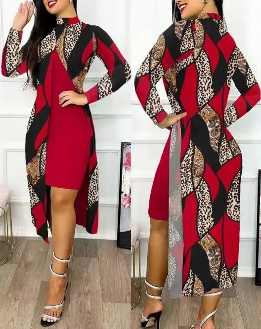 

Fashionable Style Split Print Dress for Woman Round Neck Long Sleeves Temperament Commuting Style Irregular Medium Length Skirt