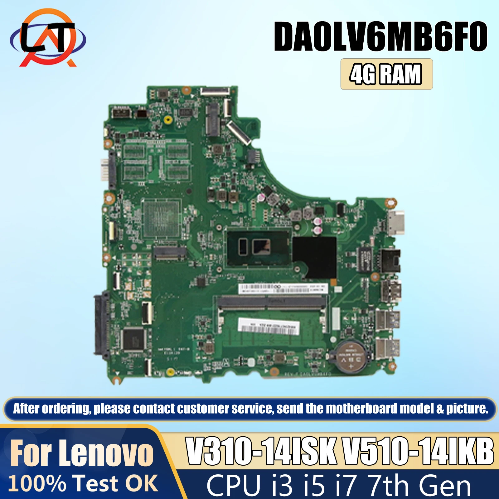 For Lenovo V310-14ISK V310-14IKB V510-14IKB Laptop Motherboard DA0LV6MB6F0 Mainboard With CPU i3 i5 i7 7th Gen 4G-RAM