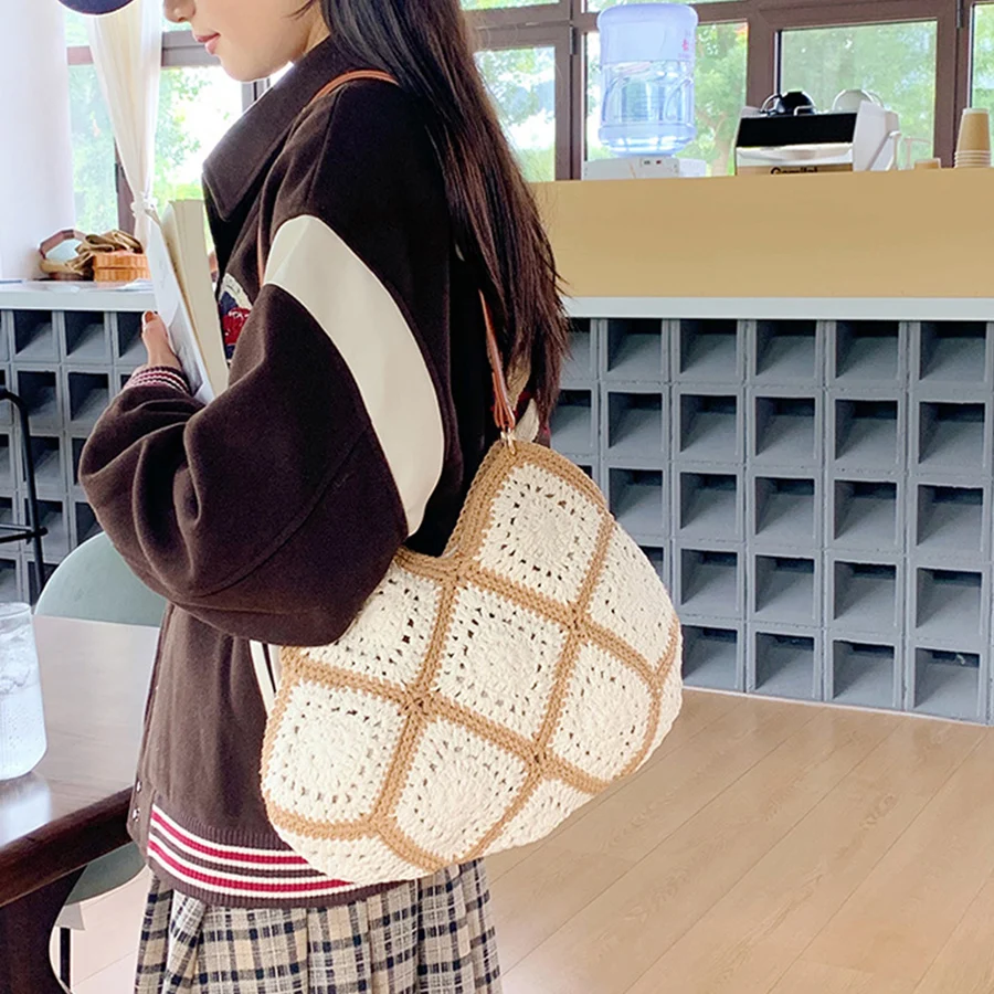 Women Cotton Thread Tote Bag Large Capacity Vacation Shoulder Bag Daily Casual Handbag Hollow Designer Summer Travel Beach Bags