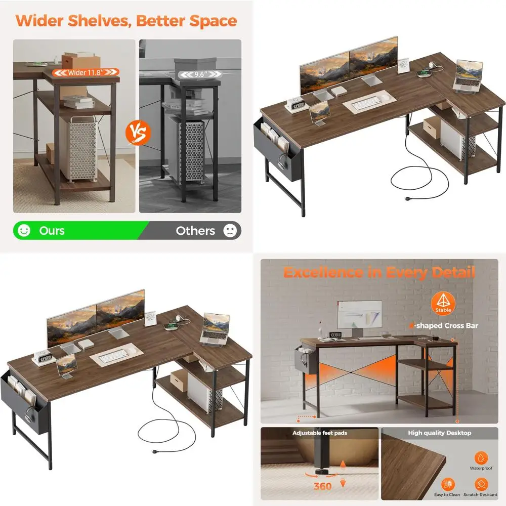 

Compact L-Shaped Desk with Power Outlets for Gaming and Home Office in Small Spaces with Reversible Shelves