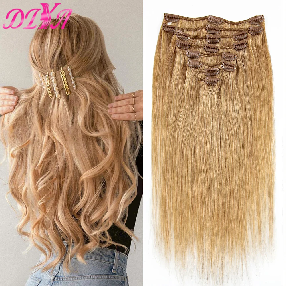 Clip in Human Hair Extension Honey Blonde #27 Straight Clips Hair 100% Human Hair Extension Clip ins for Women 120 Grams Hair