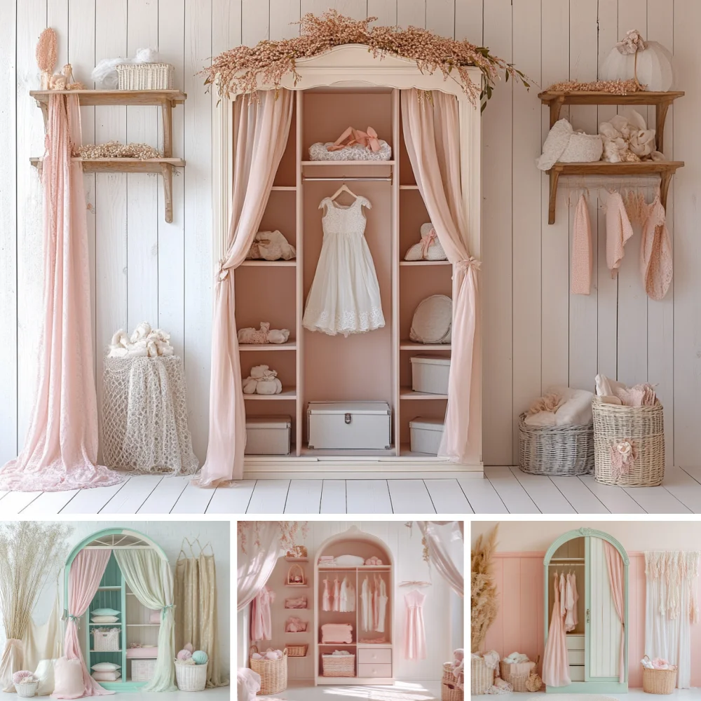 Photography Background Indoor Vintage Cupboard Flower Pink Dress Kids Birthday Maternity Portrait Decor Backdrop Photo Studio