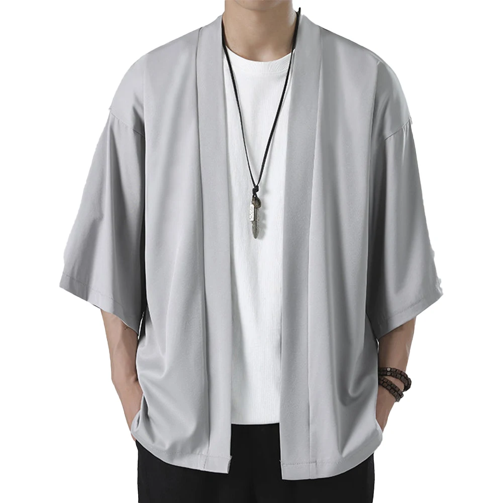 Jacket Shirt Solid Color Spring Summer Top Coat Japanese Kimono Men No Collar Open Front Robe Short Sleeve Yukata