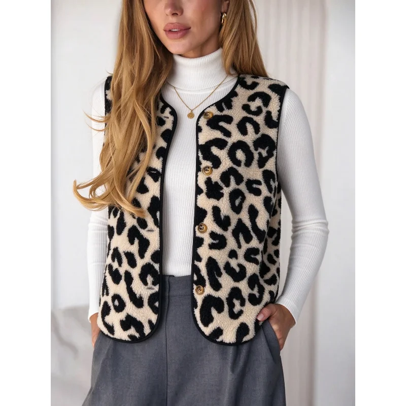 Women Leopard Print Fleece Vest Autumn Winter V‑Neck Single Breasted Sleeveless Sherpa Gilet Casual Loose Waistcoat Outerwear