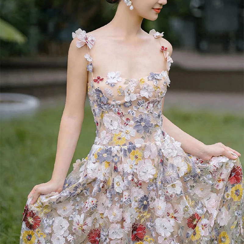 PJN Embroidery Flower Evening Party Dress Women 2025 Elegant Strap Long Vacation Graduation Gown Formal Wedding Banquet Dresses
