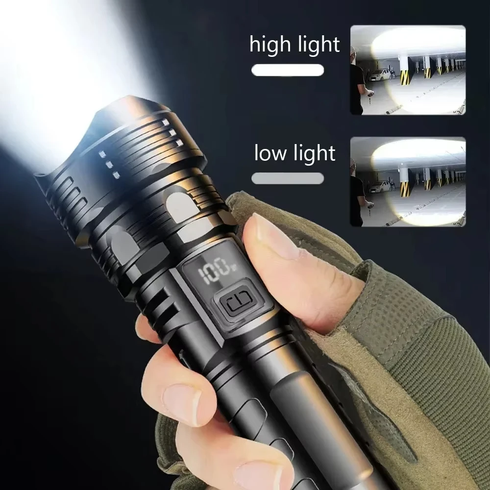 Powerful LED Flashlight Ultra Bright Tactical Light Emergency Spotlight Long Range Zoom Torch Fishing Lamp With Built-in Battery