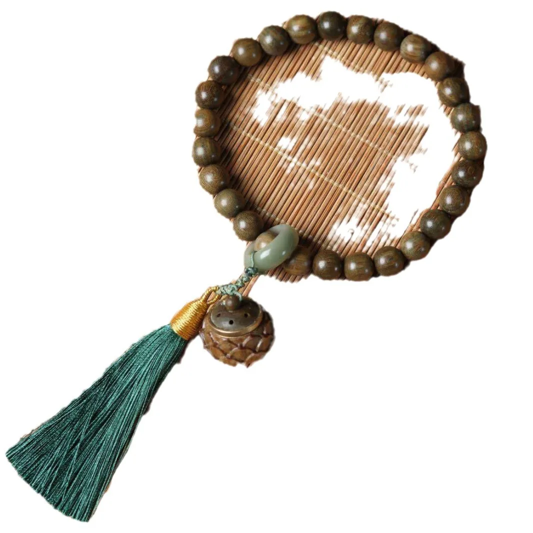 Natural Green Sandalwood Handheld Wenwan DIY Carved Lotus Sachet Unisex Buddhist Bead Jewelry