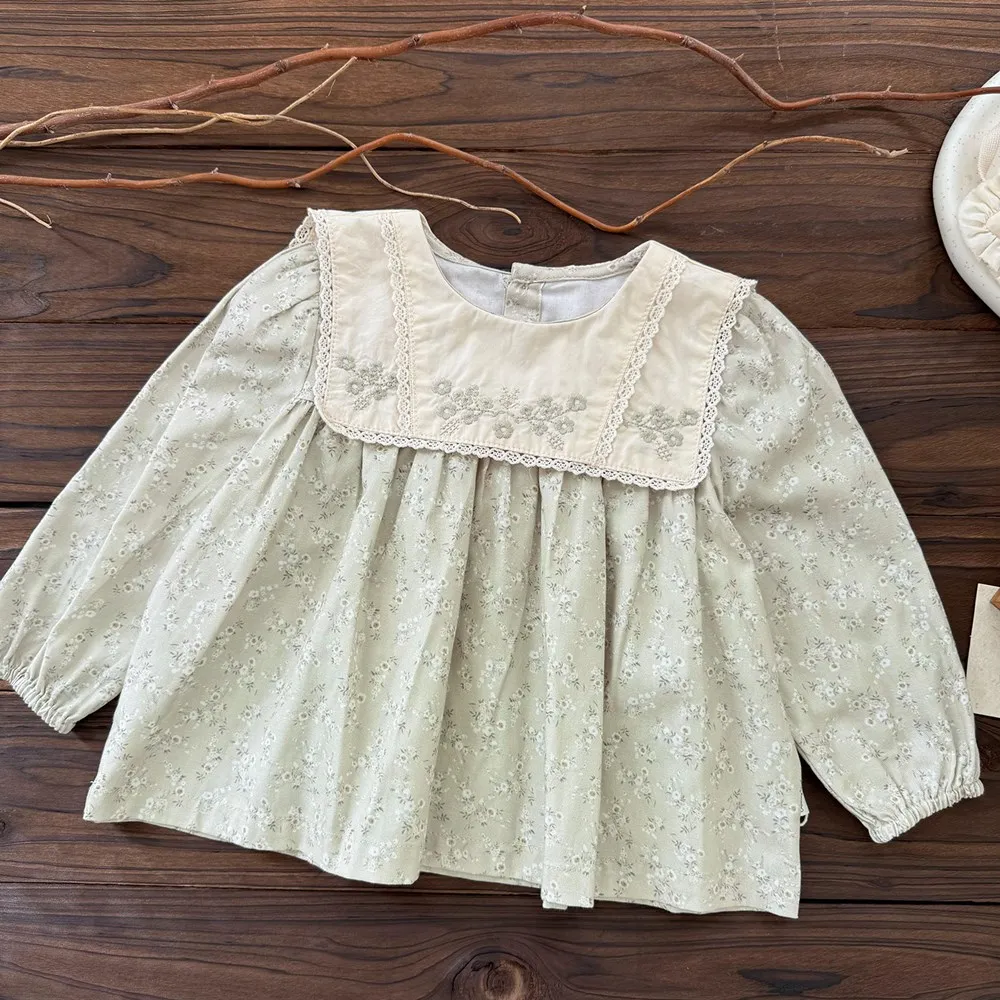 تي شيرت خريفي بأكمام طويلة مطبوع للأطفال البنات ملابس أطفال بياقة كبيرة وأوراق خضراء مطرزة للفتيات