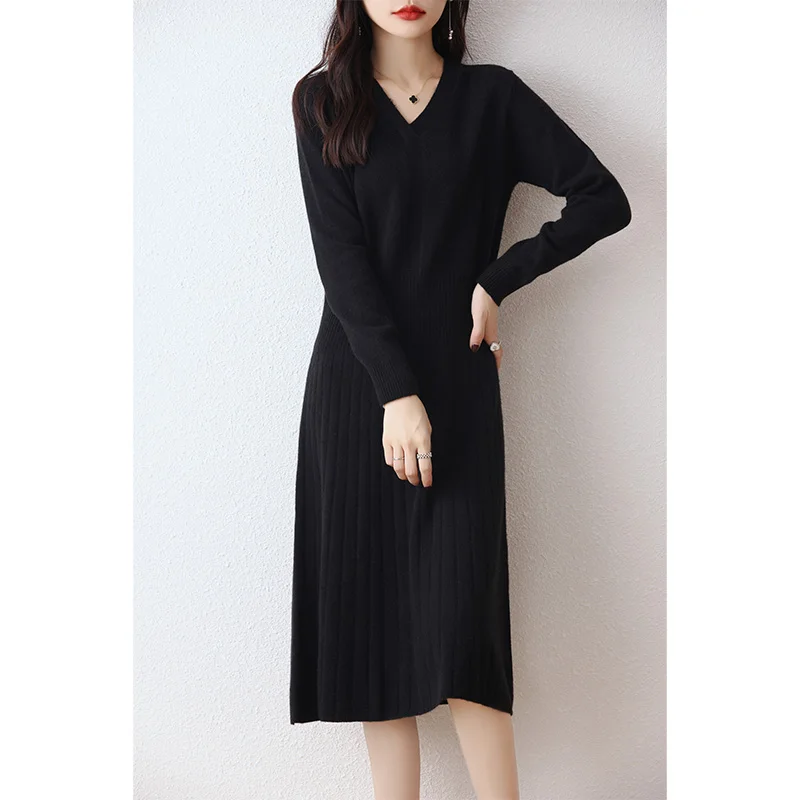 Autumn and winter new 100% pure wool knitted dress waist long sleeve base mid-length sweater dress over the knee knitted skirt